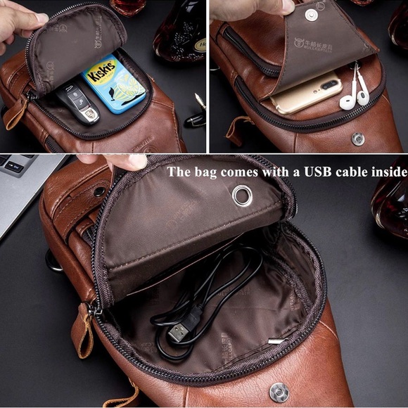 BULLCAPTAIN Genuine Leather Sling Bag with USB Charging Port - Picture 11 of 16